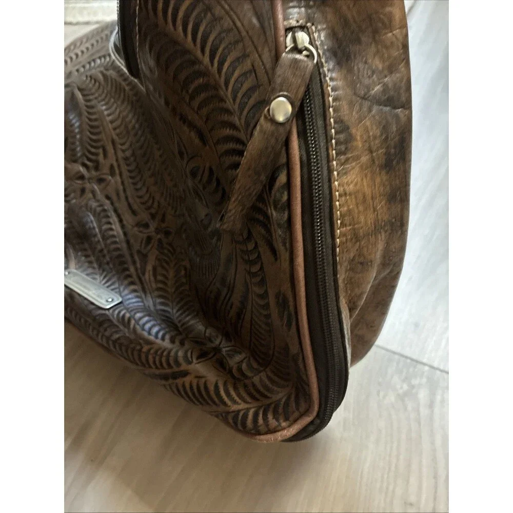American West Tooled Two Tone Brown Leather Shoulder Bag Purse Concealed Carry
